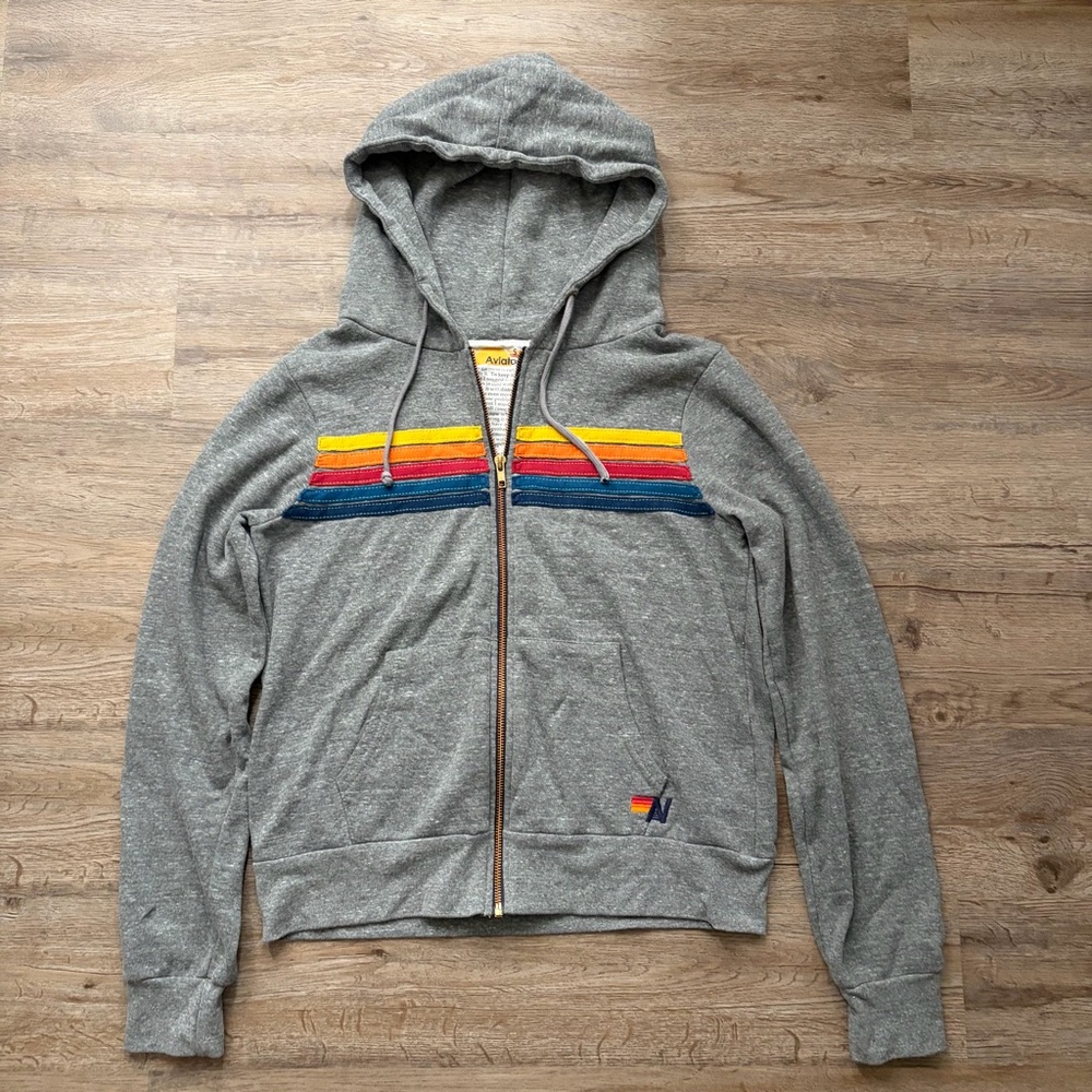 Aviator Nation Gray Hoodie with Colorful Stripes